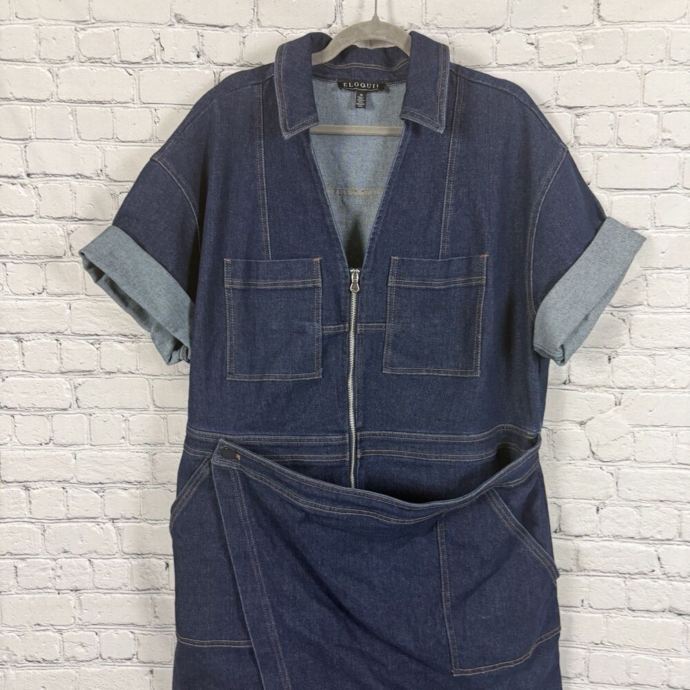 Eloquii Denim Collared Wrap Romper Women Plus Size 20 Dark Blue Utility Chic - Picture 6 of 13